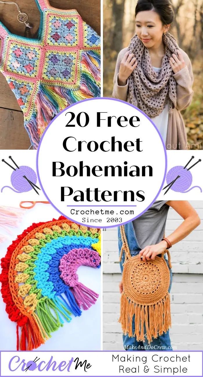 crochet bag patterns with text overlay that reads 20 free crochet bohemian bags