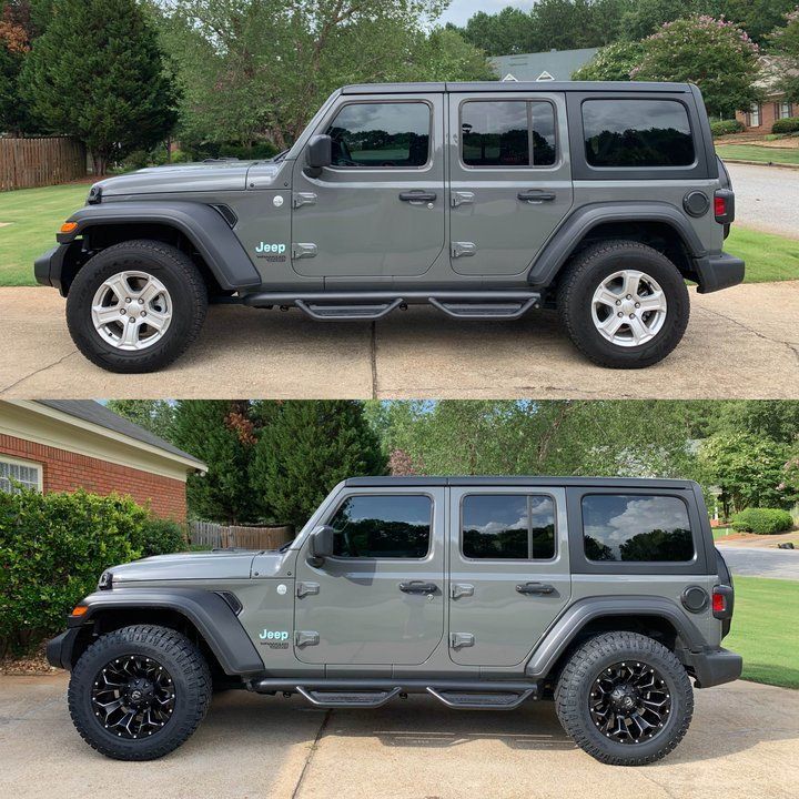 two pictures of the same jeep in different stages of being painted gray and black, one is