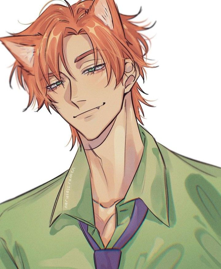 an anime character with red hair wearing a green shirt and purple tie, smiling at the camera