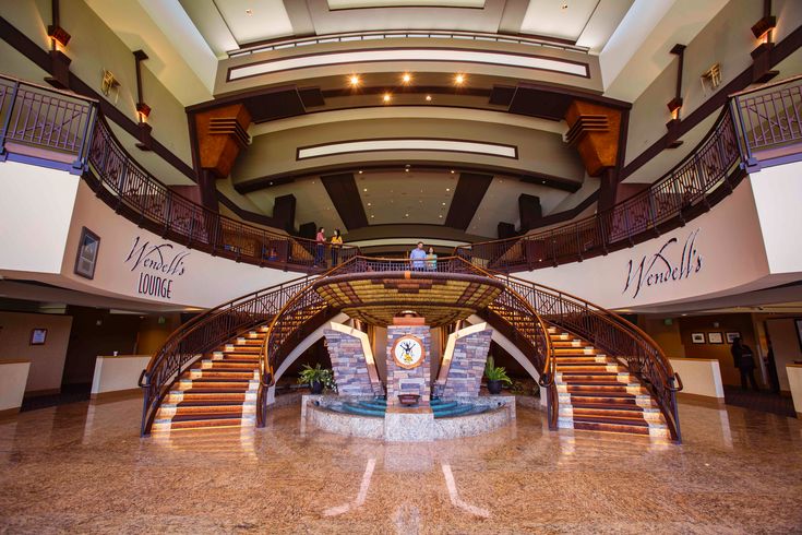 the inside of a large building with stairs