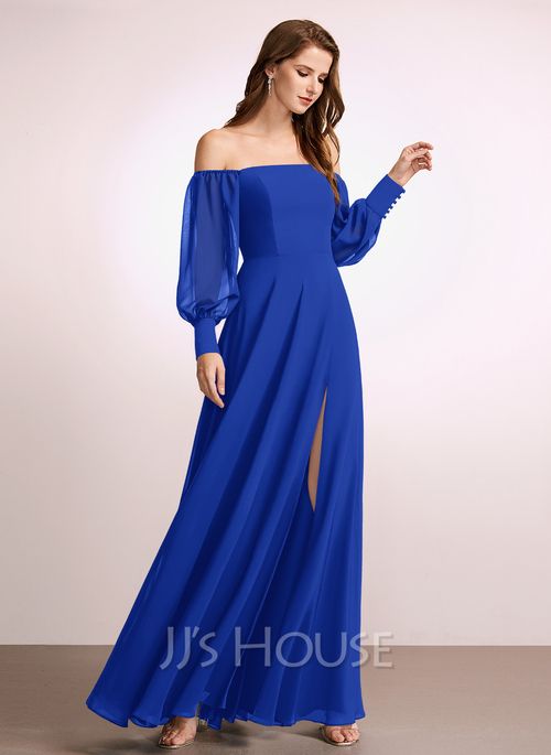 a woman in a long blue dress