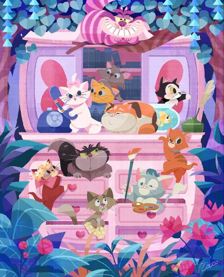 an image of cartoon characters in front of a tv screen with flowers and leaves around it