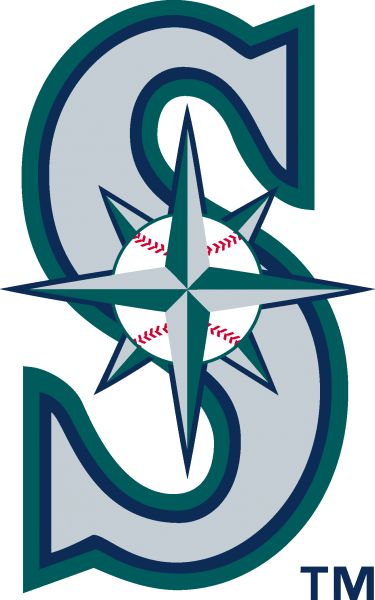 the seattle mariners logo is shown in green and gray with a baseball on it's side