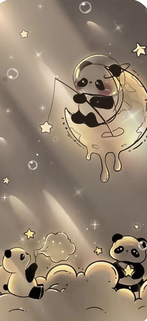 two pandas are flying in the sky with bubbles and stars around them, one is holding a string