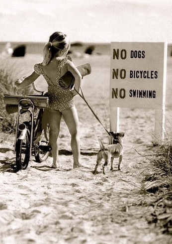 a woman walking her dog on a leash next to a sign that says no dogs, no bicycles, no swimming