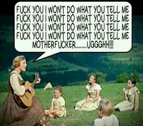 a woman playing guitar with children sitting on the ground in front of her and an empty speech bubble that says, when you ask me to watch your kids