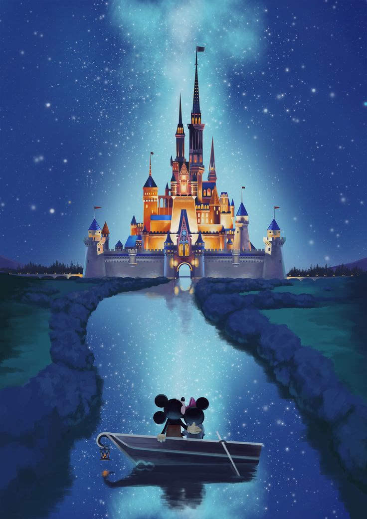 mickey and minnie mouse on a boat in front of a castle with the moon shining