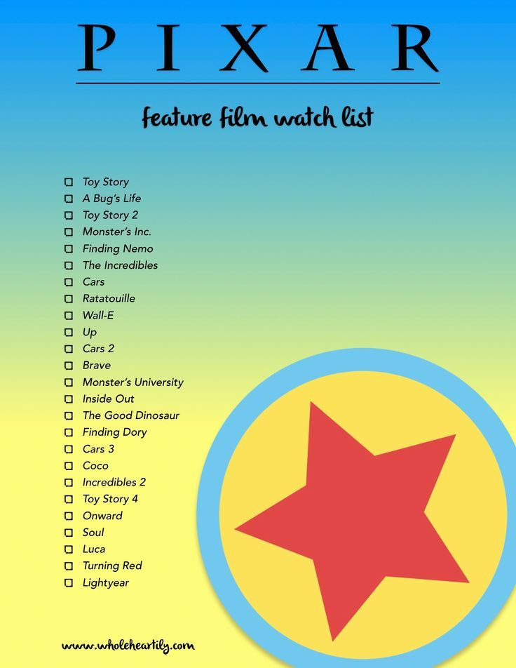 the pixar feature film watch list is shown in blue and yellow with a red star