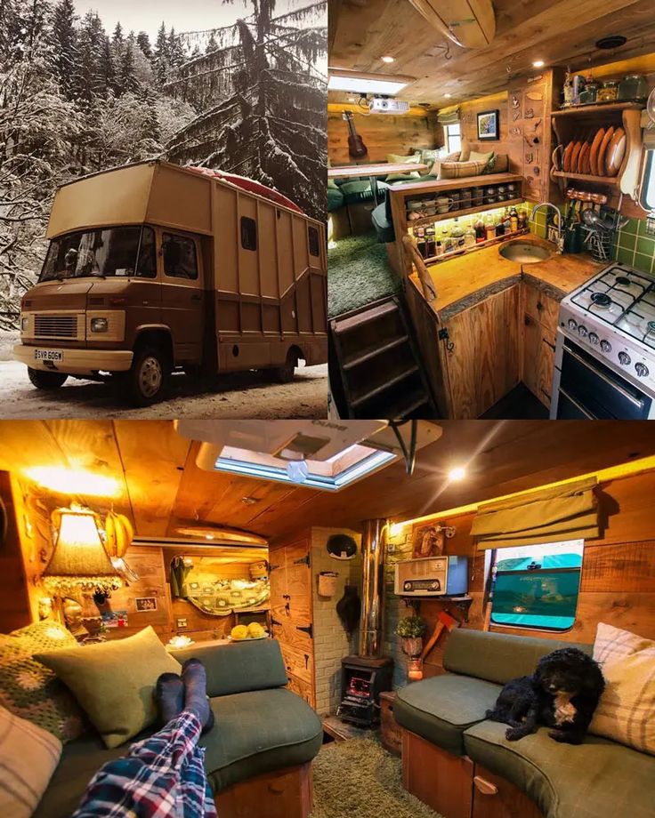 the interior and exterior of an rv with wood paneling, stove top oven, couches, and kitchen