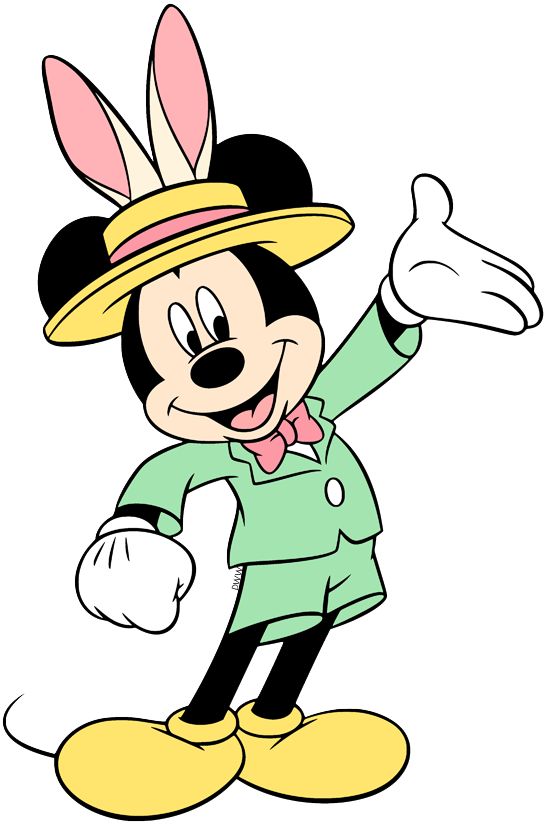 mickey mouse wearing an easter hat and pointing at the camera with his hand up to the side