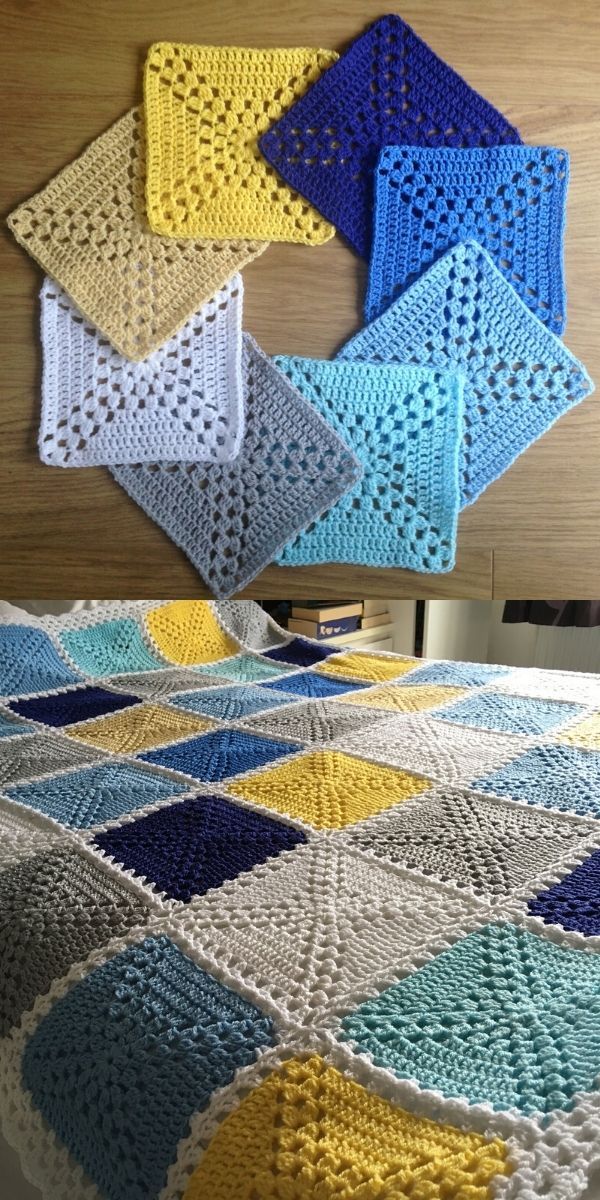 four crocheted bedspreads are arranged on top of each other