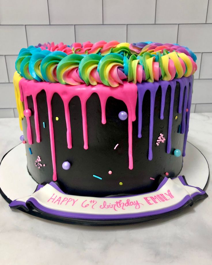 a birthday cake decorated with colorful icing and sprinkles