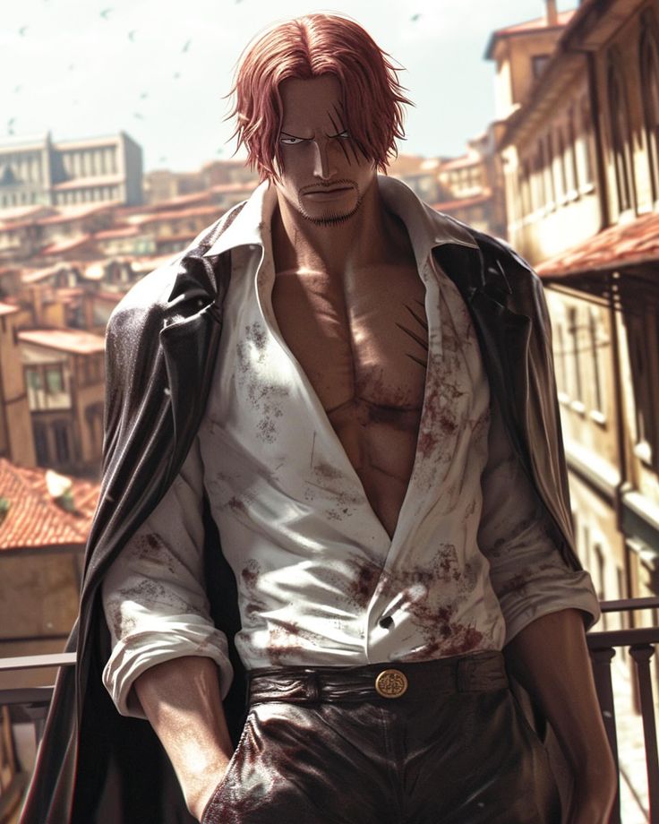 an image of a man with blood on his shirt and pants standing in front of a city