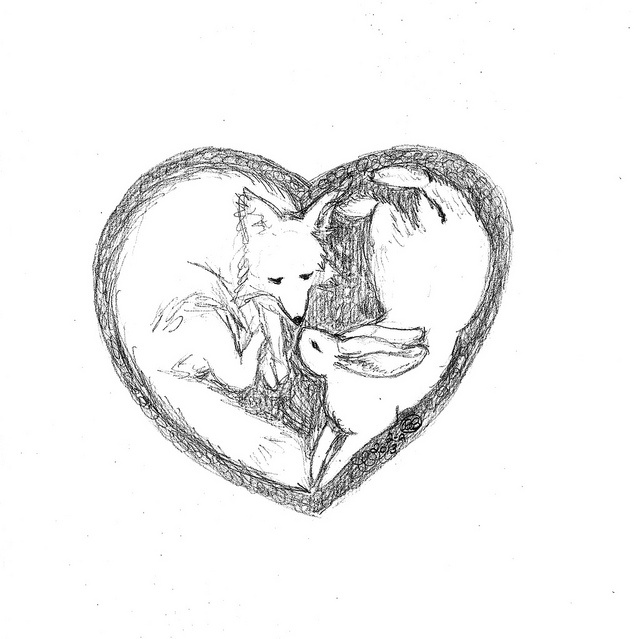 a drawing of two cats in a heart shaped frame with one cat hugging the other