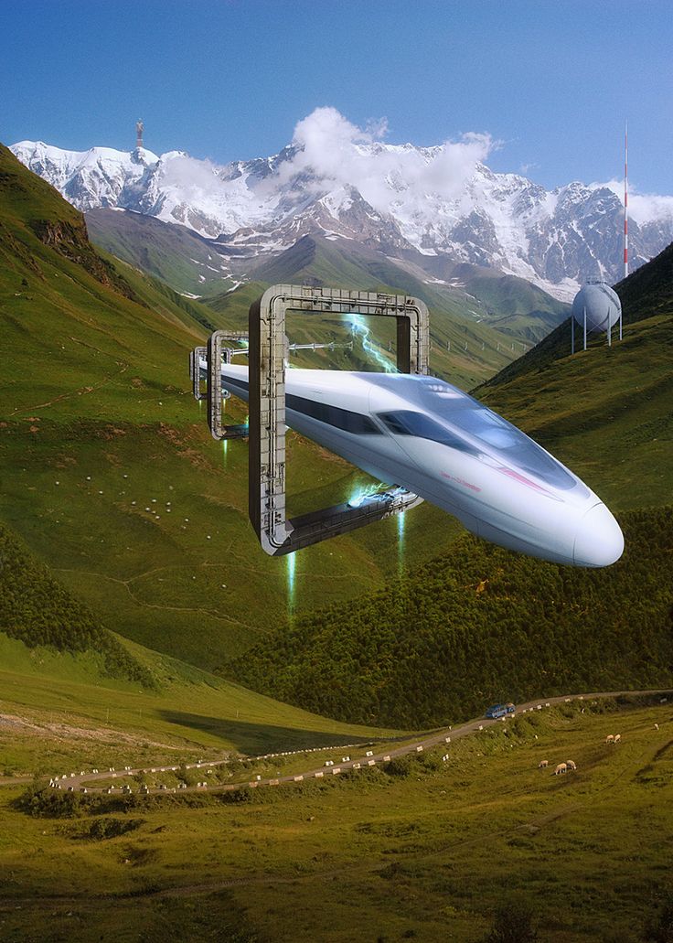 a futuristic flying vehicle in the middle of a mountain valley with sheep grazing on it