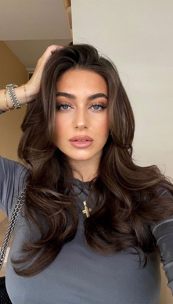 Ask Dark Brown Hair, Dark Brown And Chocolate Hair, Chocolate Brown Hair Light Eyes, Fudge Brown Hair Color, Brunette Hair On Fair Skin, Chocolate Brown Hair No Red Tones, Chocolate Brown Hair 2023, Dark Hair With Golden Brown Highlights, Medium Solid Brown Hair