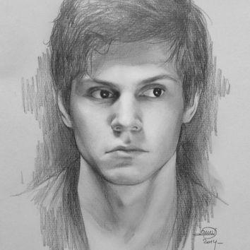 a pencil drawing of a man with long hair and brown eyes, looking at the camera