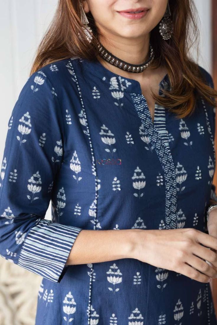 Indigo Kurti Design, Indigo Salwar Designs, Cotton Suit Designs Sleeves, Indigo Suit Design, Indigo Churidar Design, Indigo Kurtas For Women, Indigo Kurta Set, Neck Design For Cotton Suits, Cotton Kurta Neck Pattern