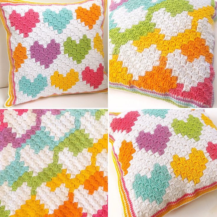 four different pictures of colorful crocheted pillows with hearts on the front and back