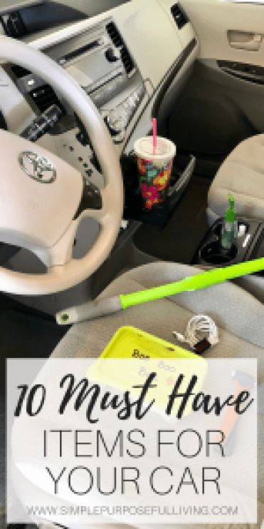 a car with the text 10 must have items for your car on it's dashboard