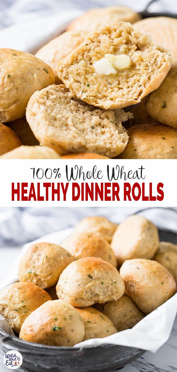 a bowl full of bread rolls with the words, 100 % whole wheat healthy dinner rolls