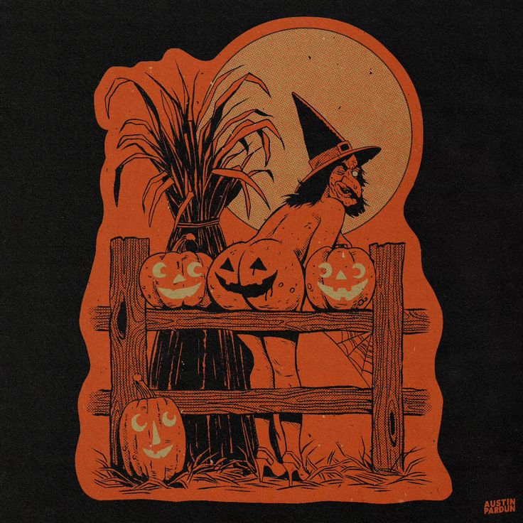 an orange and black drawing of a witch on a fence with pumpkins