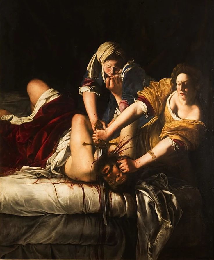 a painting of three women on a bed with one woman holding the other's hand