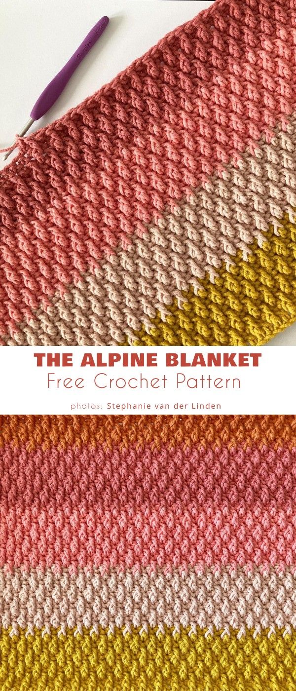 the alpine blanket free crochet pattern is shown in pink, yellow and white