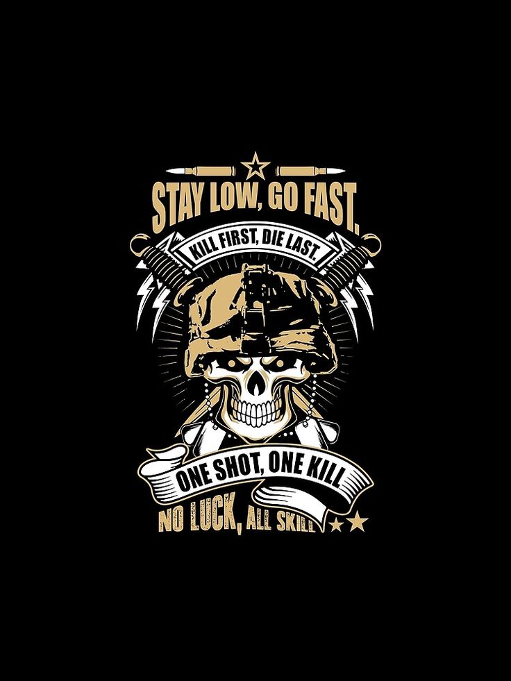 a skull wearing a helmet with the words stay low, go fast and one shot is not