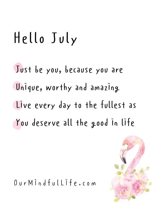 a pink flamingo with the words hello july on it