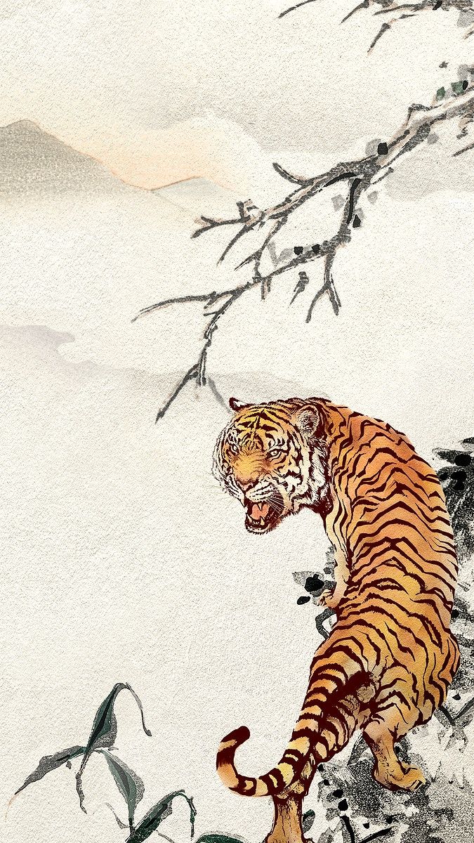 a painting of a tiger walking in the snow