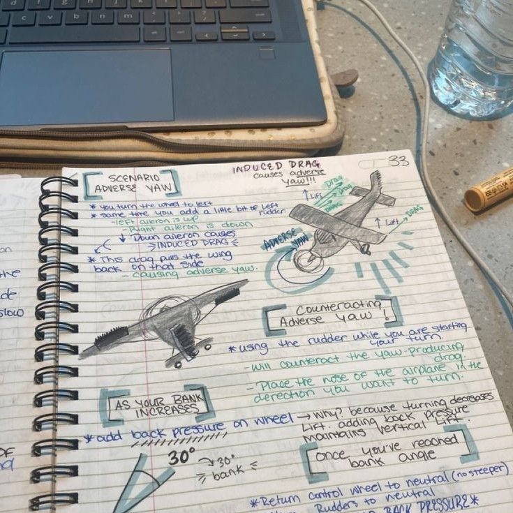 an open notebook with notes and drawings on it next to a laptop computer, water bottle and corkscrews