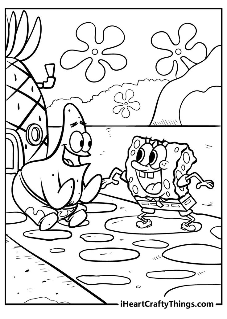 spongebob and his friend are playing in the water coloring page for kids to color