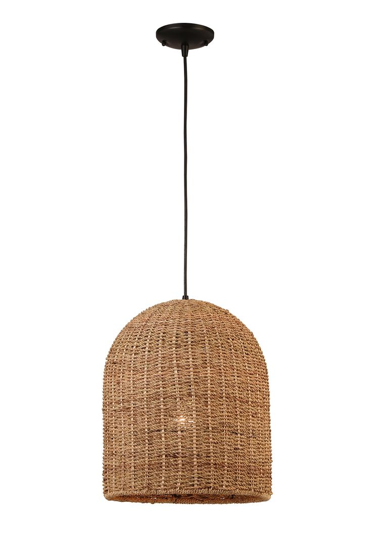 a light that is hanging from a ceiling fixture with wicker material and black metal fittings