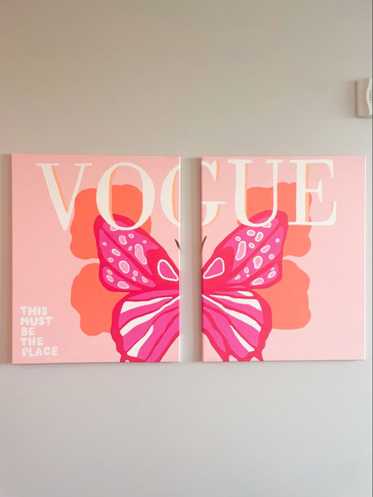 two pink butterfly paintings on the wall next to each other