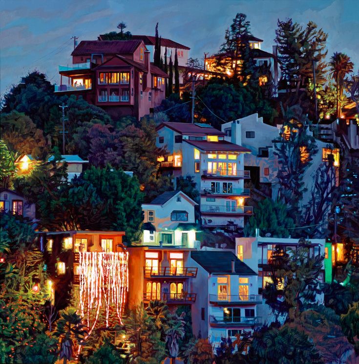 a painting of houses lit up at night on top of a hill with trees in the foreground