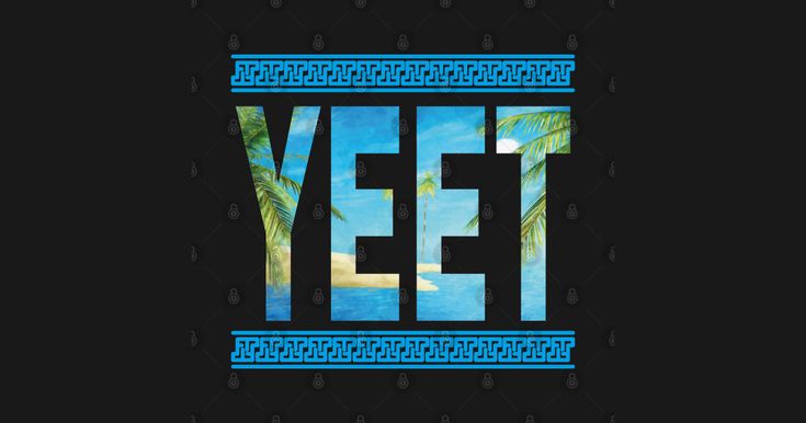 the word yet is surrounded by palm trees and blue water in front of a black background