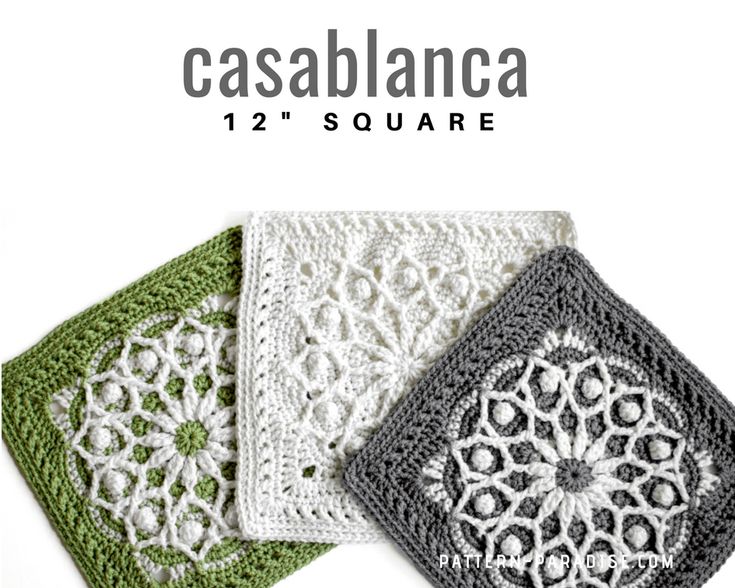 three crocheted coasters are shown in different colors and patterns, with the words cas