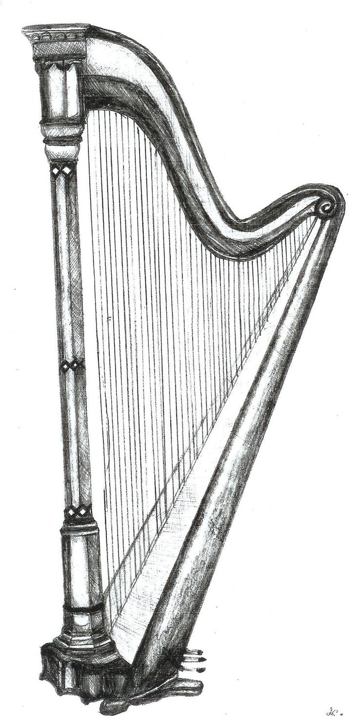 a black and white drawing of a long harp with its strings still attached to it