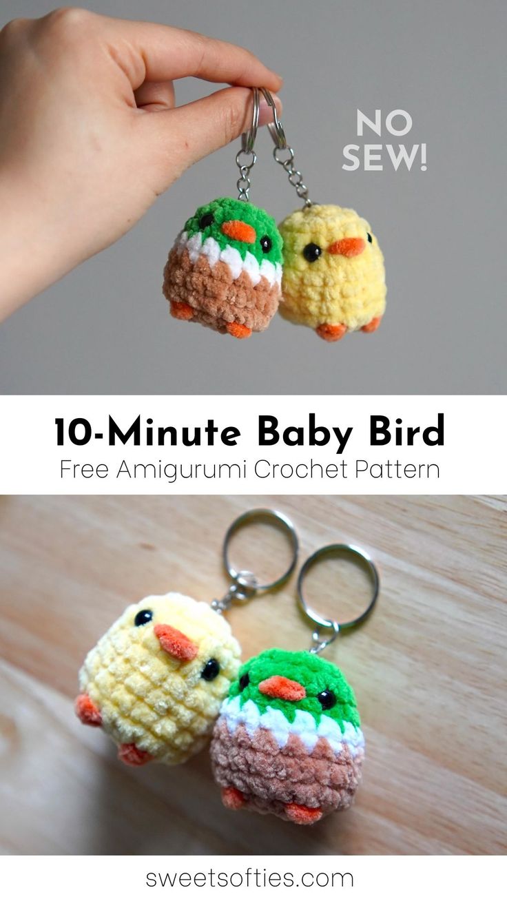 two crochet keychains with the words 10 minute baby bird on them