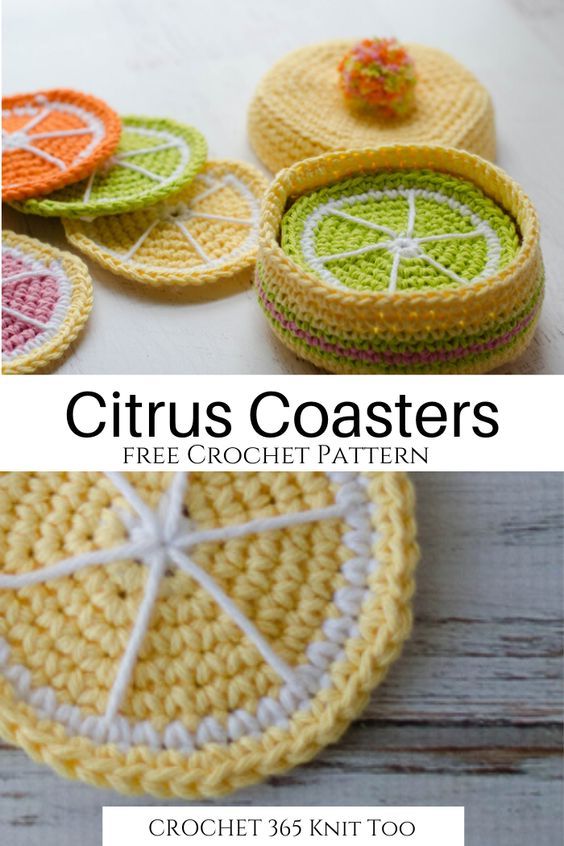 crochet citrus coasters with free pattern on the top and bottom, along with text that says citrus coasters