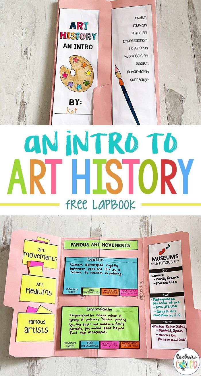 an open book with the title, an info to art history free lapbook on it