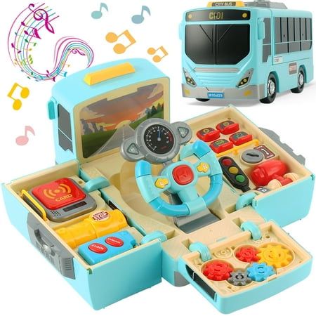 a blue toy car with musical instruments in it