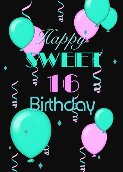 balloons and streamers are flying in the air with happy sweet 16th birthday message on it