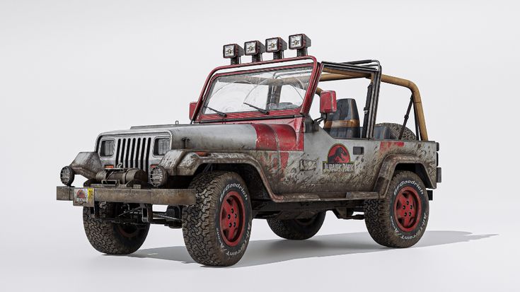 an old, rusty jeep with red tires and lights on it's top rack