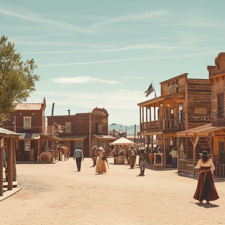 an old western town with people walking around