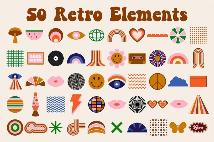 the 50 retro elements are arranged in different colors and shapes, including hearts, arrows, circles