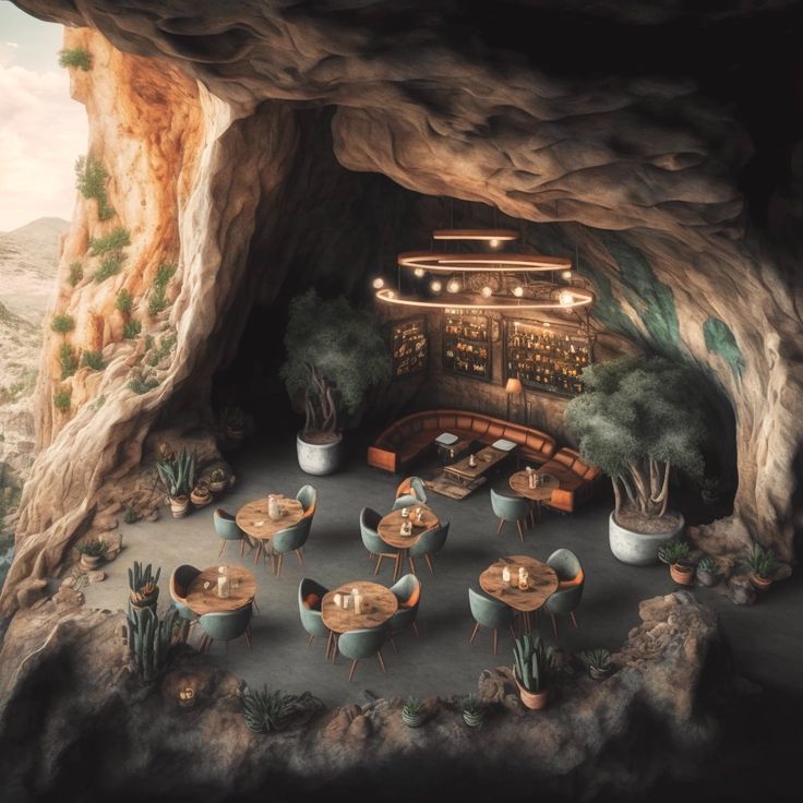 Restaurant in cave with wooden circular tables and sage green chairs Cave Restaurant Design, Fantasy Restaurant, Underground Hotel, Resturant Interior, Cave Restaurant, Tulum Restaurants, Space Hotel, Aesthetic Interior Design, Cave Hotel