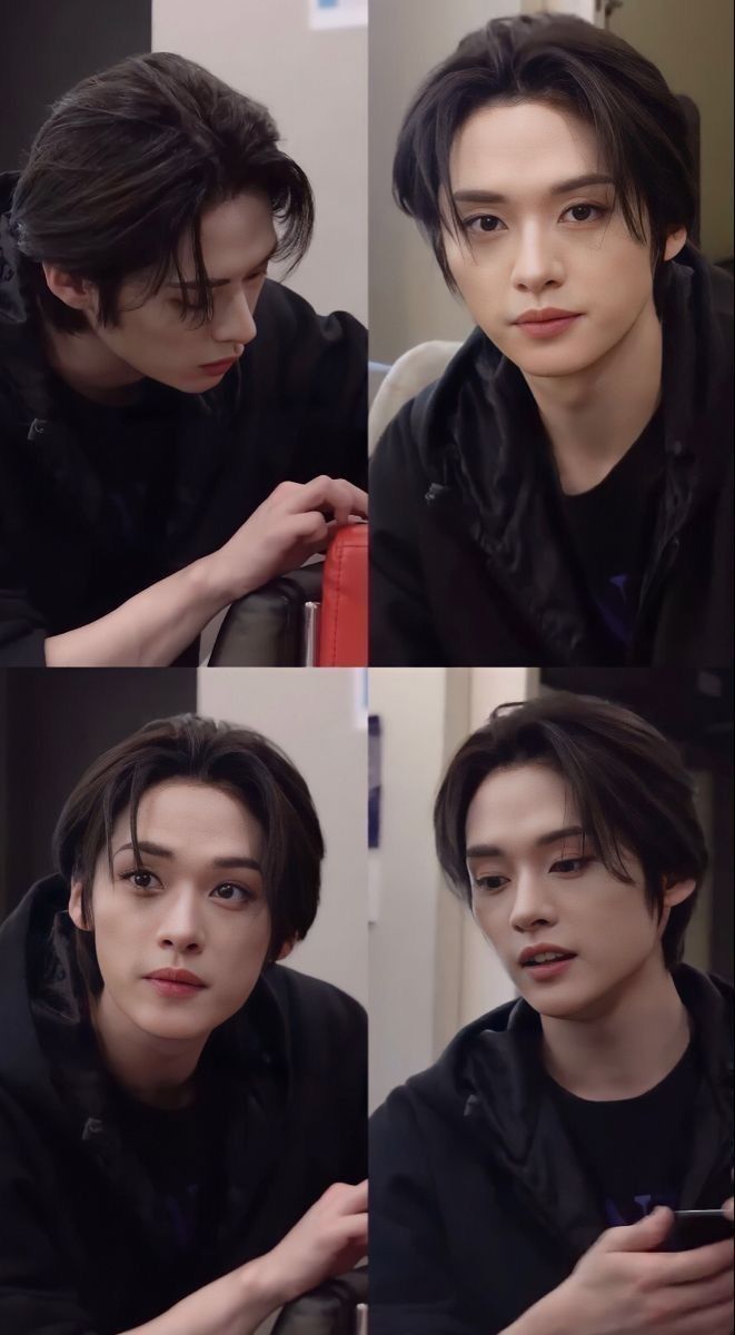 four different pictures of a man with black hair and wearing a black hoodie looking at his cell phone
