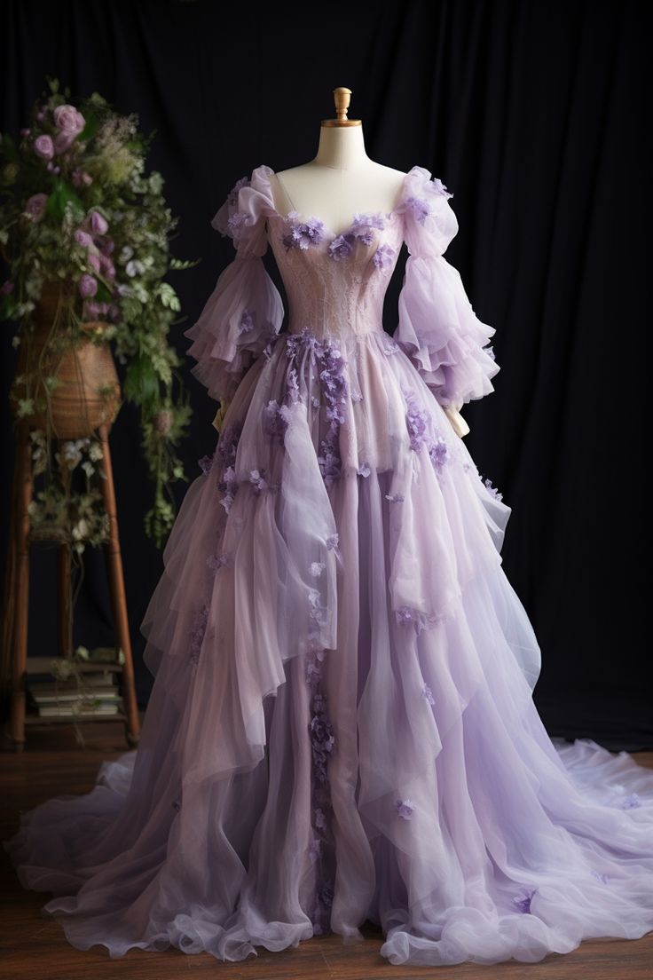 Lavender flower inspired gown Lavender Colored Wedding Dress, Lavender Gown Aesthetic, Wedding Dress Angel Wings, Lavender Medieval Dress, Whimsical Gown Fairytale, Purple Flowery Dress, Flower Gowns Dresses, Fairy Inspired Gown, Enchanted Dress Fairytale